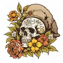 skull in flowers growing with and empty tomb in the background  tattoo design idea