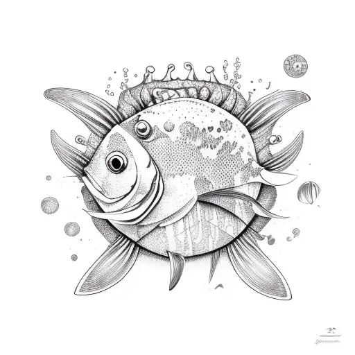 Krabbe mit Fisch, Wasser, Sterne  tattoo design idea