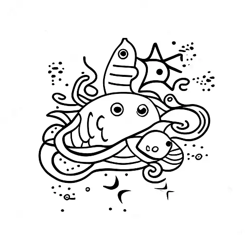 Krabbe mit Fisch, Wasser, Sterne  tattoo design idea