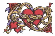 eternity loop two red hearts interwined together in middle of the loop two smaller purple hearts also on loop tattoo design idea