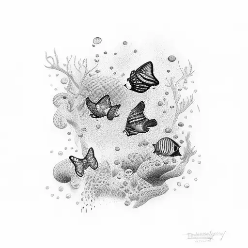 A beautiful underwater scene with colorful butterflies swimming alongside a swimmer tattoo design idea