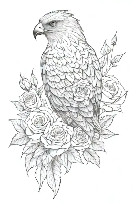 thigh tattoo, long and spacious, very well designed realistic hawk, combining in roses, and a Christian cross, tattoo design idea