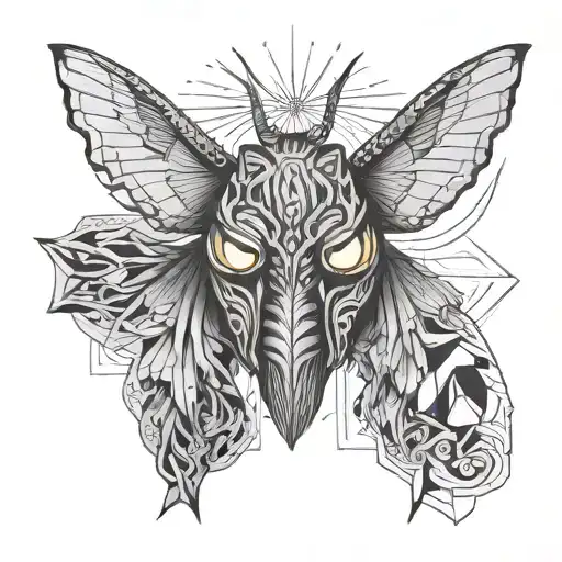 Moth Japanese style symmetric with oni mask face morphing tattoo design idea