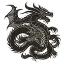 A stylized blackwork design of a martial arts dragon, incorporating elements of insects tattoo design idea