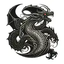 A stylized blackwork design of a martial arts dragon, incorporating elements of insects tattoo design idea