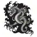 A stylized blackwork design of a martial arts dragon, incorporating elements of insects tattoo design idea