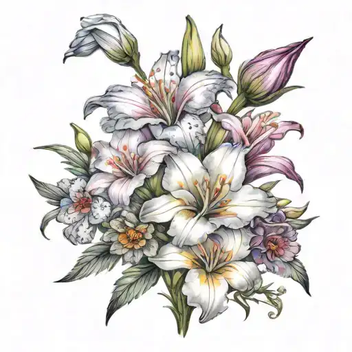 cosmos, gladiolus, carnation, marigold flowers tattoo design idea