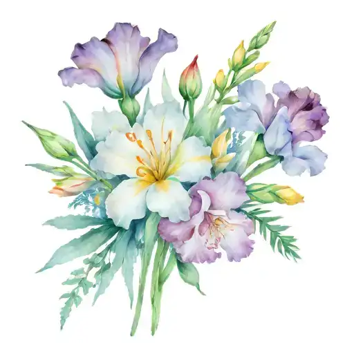 cosmos, gladiolus, carnation, marigold boquet held together tattoo design idea