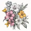 cosmos, gladiolus, carnation, marigold flowers tattoo design idea