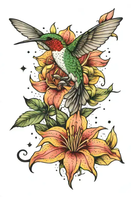 Stargazer Lily Sunflower Hummingbird surrounded by constellations tattoo design idea