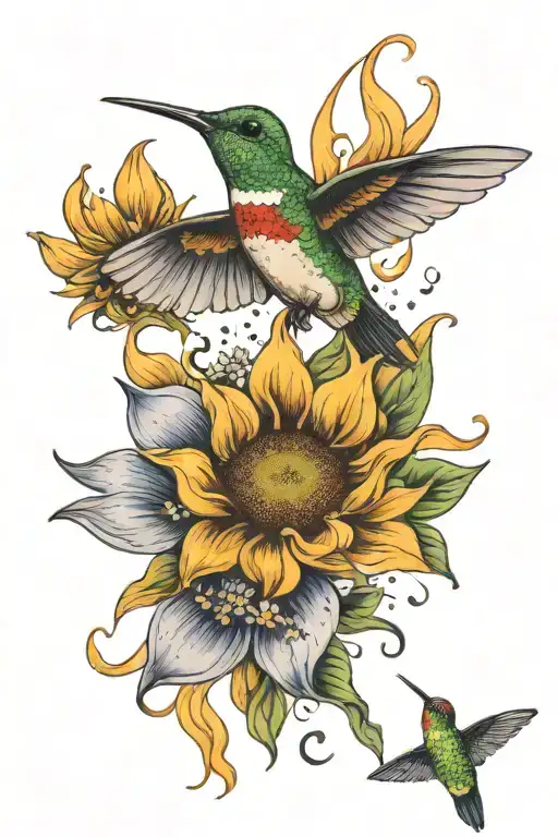 2 Stargazers Sunflower hummingbird flying tattoo design idea
