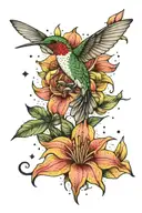 Stargazer Lily Sunflower Hummingbird surrounded by constellations tattoo design idea