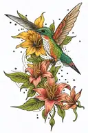 Stargazer Lily Sunflower Hummingbird surrounded by constellations tattoo design idea