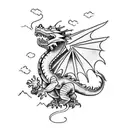 A dragon breathing fire onto a medieval castle tattoo design idea