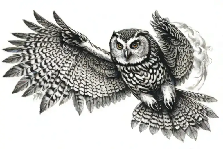 owl flying towards bright shining tattoo design idea