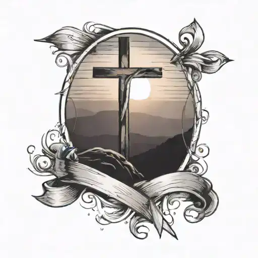 a cross on a hill with a sunset in the backround the cross has a ribbon wrapped down its length tattoo design idea