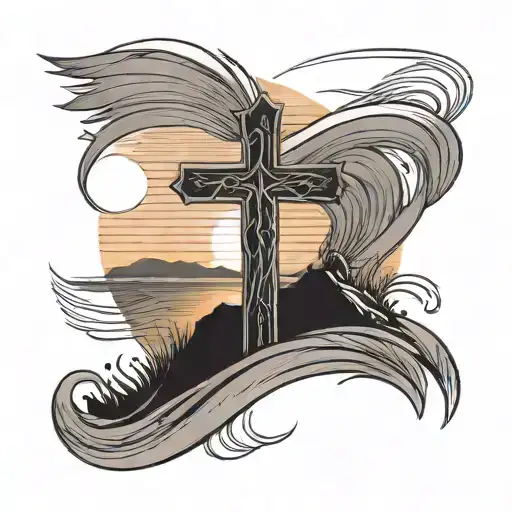 a cross on a hill with a sunset in the backround the cross is surrounded by flowing script  tattoo design idea