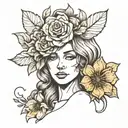 line drawing of woman's body with flower instead of head  tattoo design idea