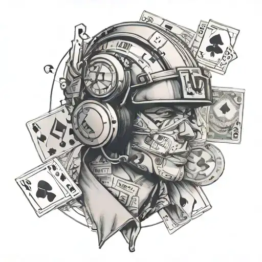 A portrait of a student with a motorcycle helmet, surrounded by musical notes, playing cards, pills, and dollar bills, capturing the essence of their interests tattoo design idea