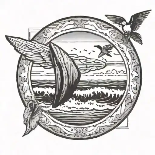 PLAGE AVEC UNE PETITE PLANCHE DE SURF AUTOUR D'UN ROND. AU DESSUS IL Y A UNE CROIX CHRETIENNE ET DES AILES D'ANGE tattoo design idea