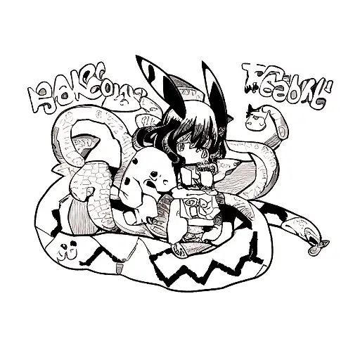 Pikachu on the chest with a snake crawling towards it curling over arm emerging from the sea with Stockholm in the backg tattoo design idea