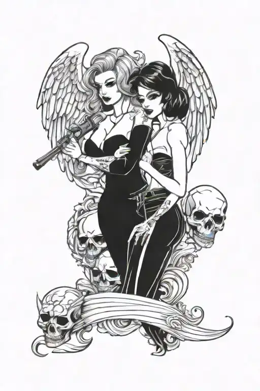 sexy 2 Woman Gangster Girl angel and devil holding skull tattoo design idea