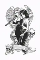 sexy 2 Woman Gangster Girl angel and devil holding skull tattoo design idea