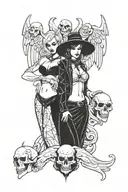 sexy 2 Woman Gangster Girl angel and devil holding skull tattoo design idea