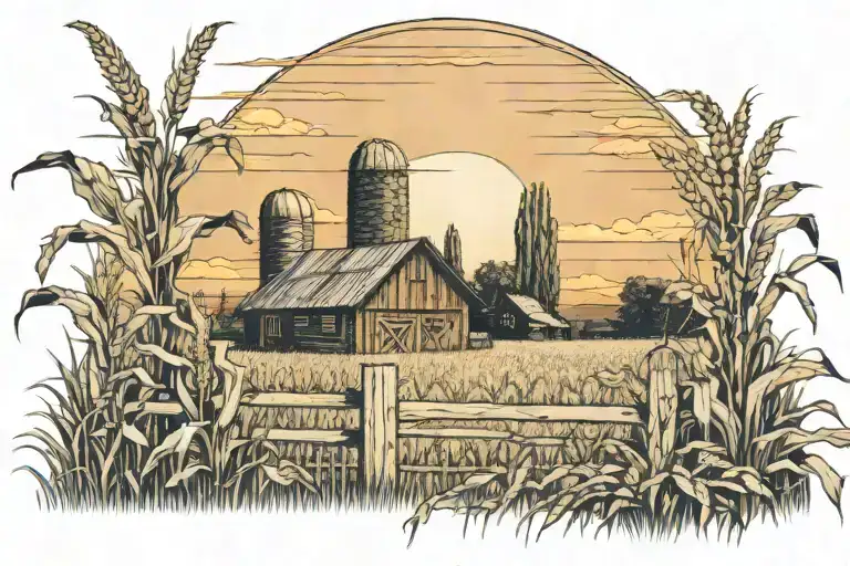 corn field with barn and a old fence during sunset  tattoo design idea