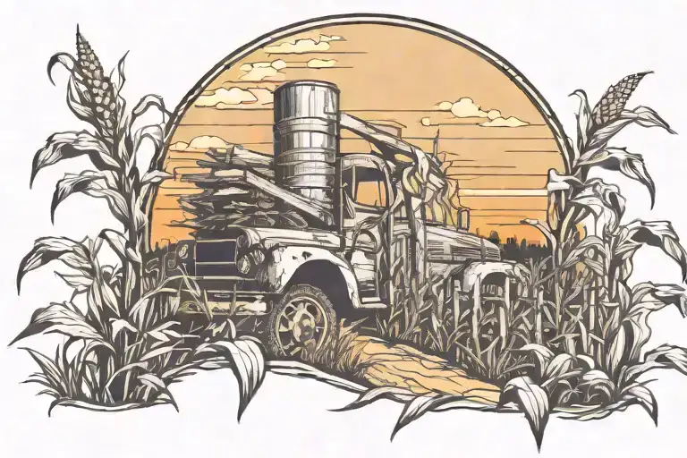 corn field with a old truck and a old fence tattoo design idea
