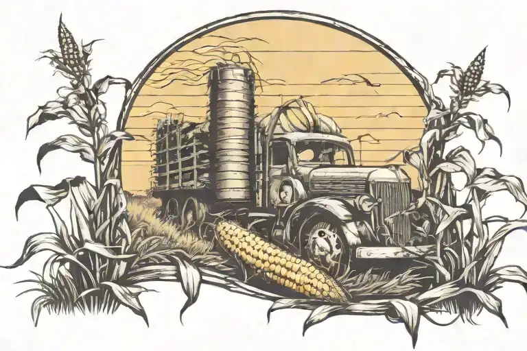 corn field as the focal pointwith a old truck to the side and a old fence in front tattoo design idea