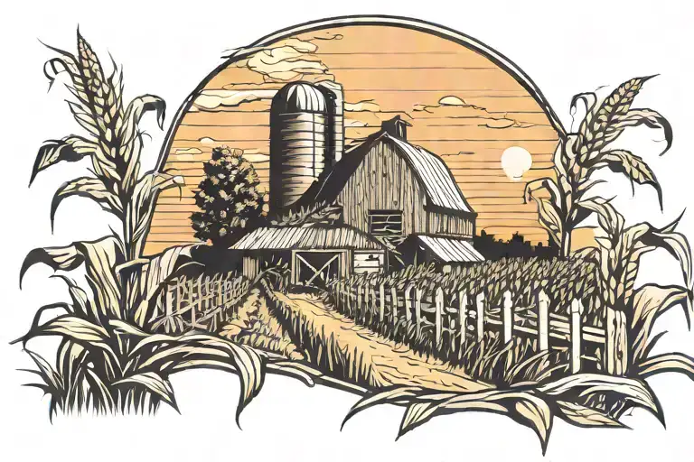 corn field with barn and a old fence during sunset  tattoo design idea