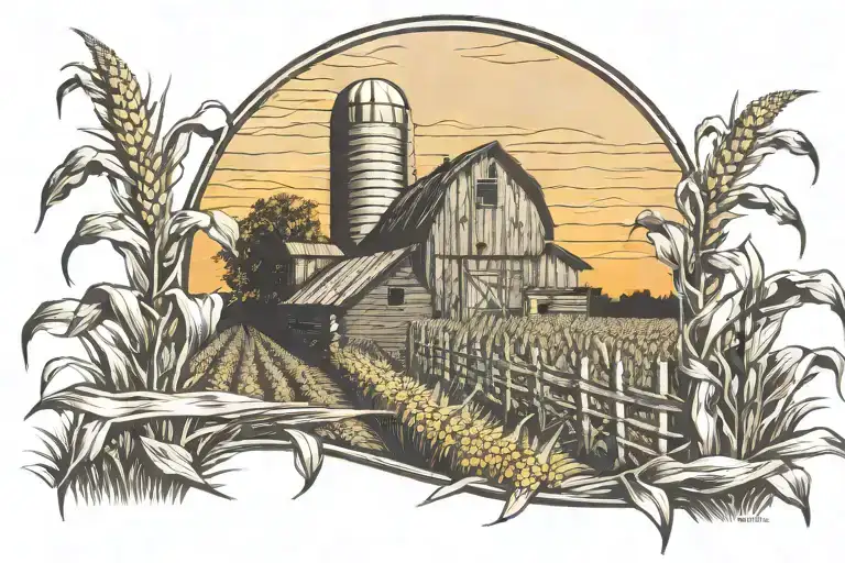 corn field with barn and a old fence tattoo design idea