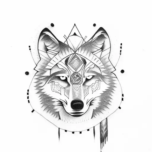seeing wolf from the side with native indian style tattoo design idea