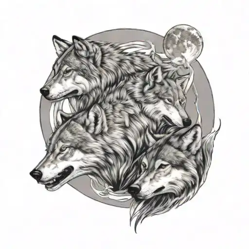2 wolves and 3 cubs and the full moon above tattoo design idea