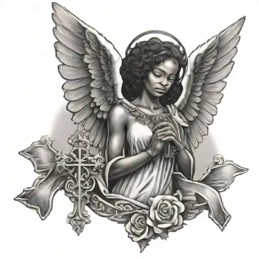 African American female Angel holding faith cross made tattoo design idea