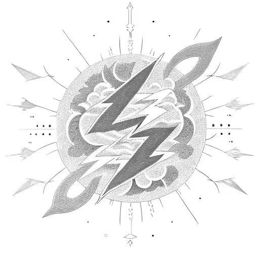 Celestial Japanese sun surrounded by lightning bolts in a blackwork style tattoo design idea