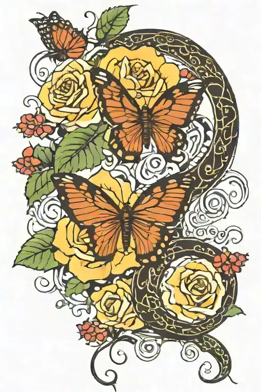 butterfly, snake, vines, and roses growing tattoo design idea