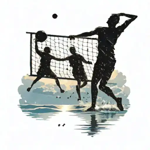 A silhouette of a father and child playing beach volleyball with music notes floating in the sky, representing the harmony of family, sports, and music tattoo design idea