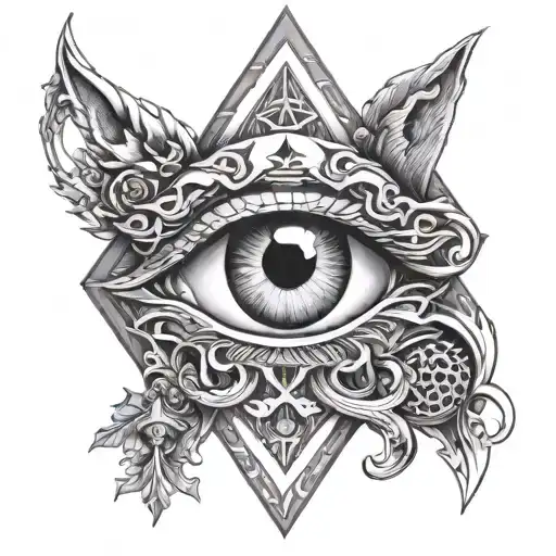 Create a tattoo of a mysterious Illuminati eye surrounded by a wolf, snake, and swords tattoo design idea