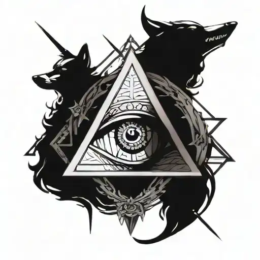 Create a tattoo of a mysterious Illuminati eye surrounded by a wolf, snake, and swords tattoo design idea