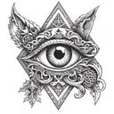 Create a tattoo of a mysterious Illuminati eye surrounded by a wolf, snake, and swords tattoo design idea