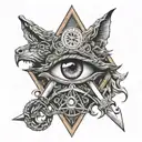 Create a tattoo of a mysterious Illuminati eye surrounded by a wolf, snake, and swords tattoo design idea