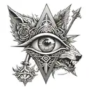 Create a tattoo of a mysterious Illuminati eye surrounded by a wolf, snake, and swords tattoo design idea