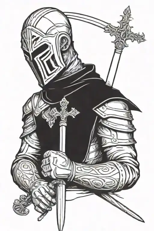 Templar holding his sword infront of his face with both hands, standing straight tattoo design idea