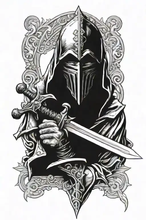Templar holding his sword with both hands with the blade infront of face, front tattoo design idea