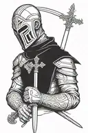 Templar holding his sword infront of his face with both hands, standing straight tattoo design idea