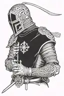 Templar holding his sword infront of his face with both hands, standing straight tattoo design idea