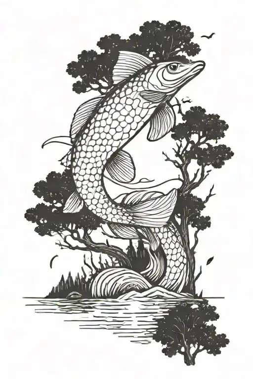 pike jumping over trees and a lake tattoo design idea