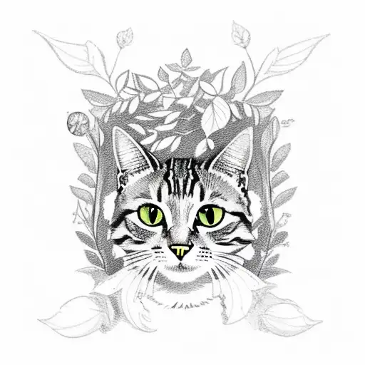 tabby cat in an ornate frame with a jasmine leaf wrapped around it tattoo design idea